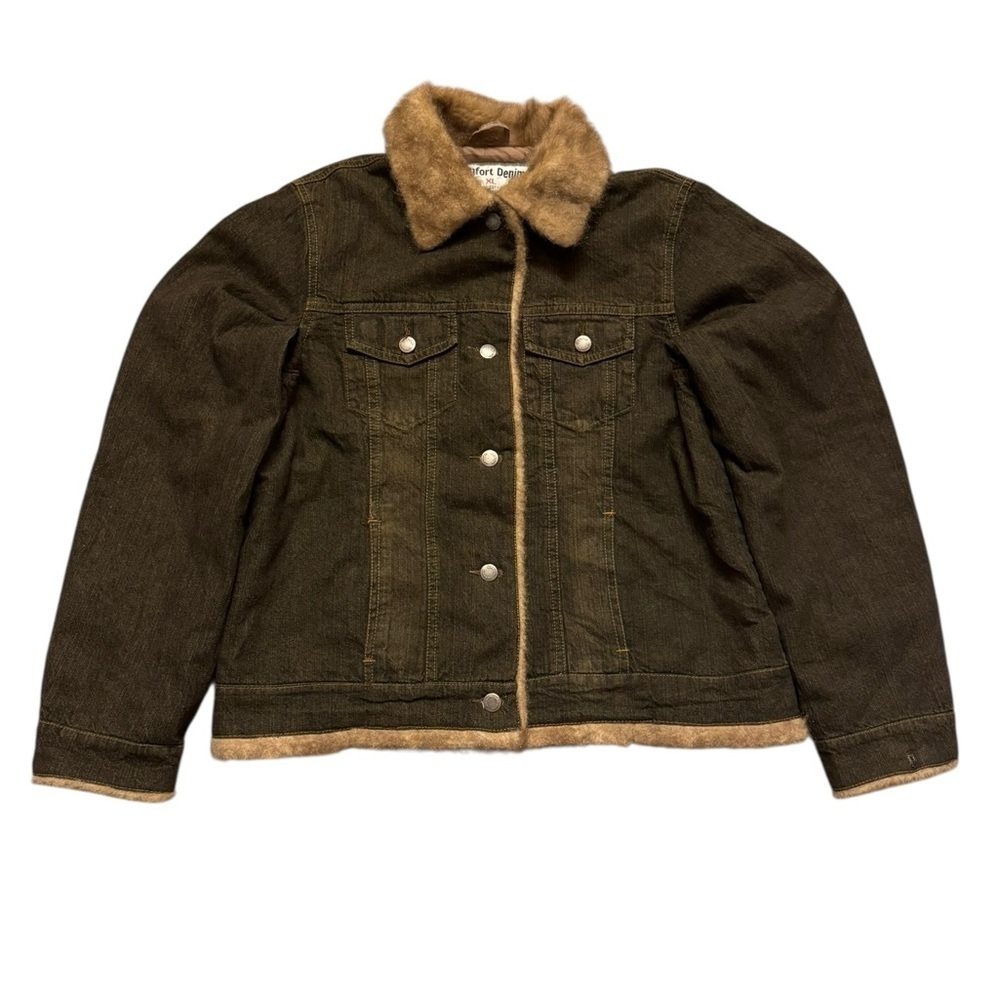 Comfort Denim Brown Denim Jacket with Faux Fur Trim Size XL Made In Pakistan.